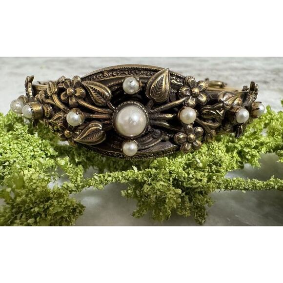 Vintage Original By Robert Elegant Pearl Hinged Cuff Bracelet Rare - Picture 2 of 8